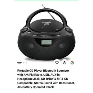 Nextron Black Portable Stereo CD Player Boombox with AM/FM Radio Bluetooth USB